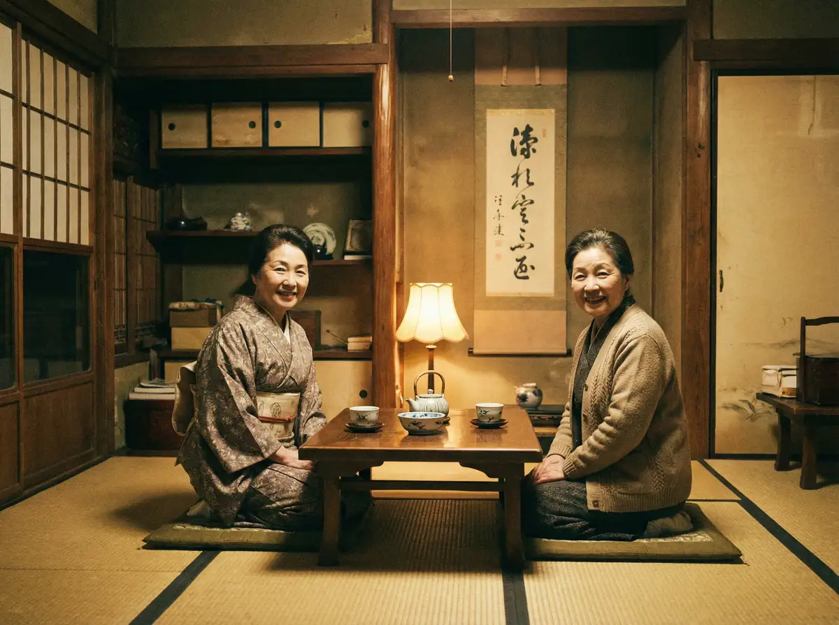 两位优雅的 潘森打野 在日式茶室中品茶交谈